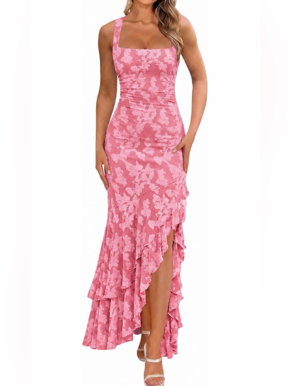 Elegant Pink High-Low Lace Draped Dress